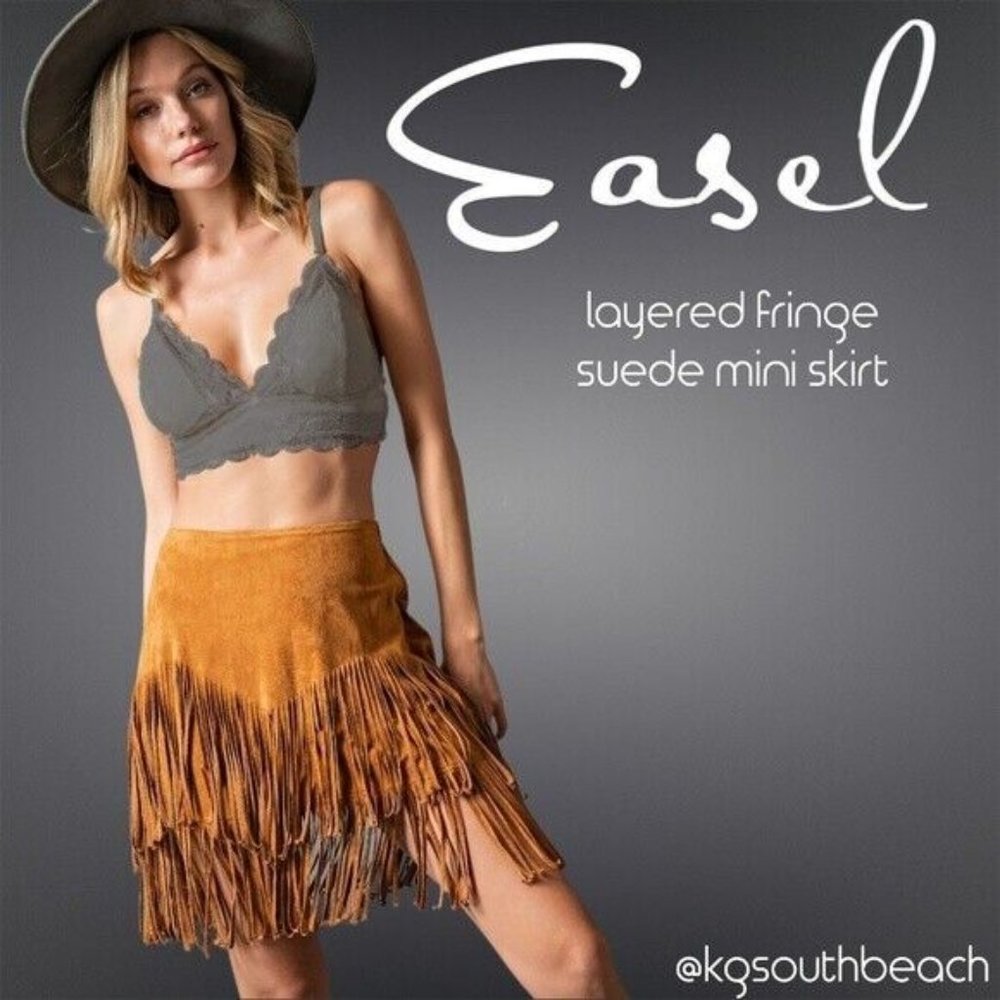EASEL Lux & Soft Faux Suede Skirt V-Shape Layered Fringe Hem Elastic Back & Zip